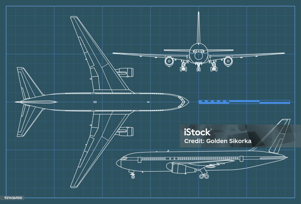 Industrial blueprint of airplane. Vector outline drawing plane on a blue background. Top, side and front view. Industrial blueprint of airplane. Vector outline drawing plane on a blue background. Top, side and front view Airplane stock vector