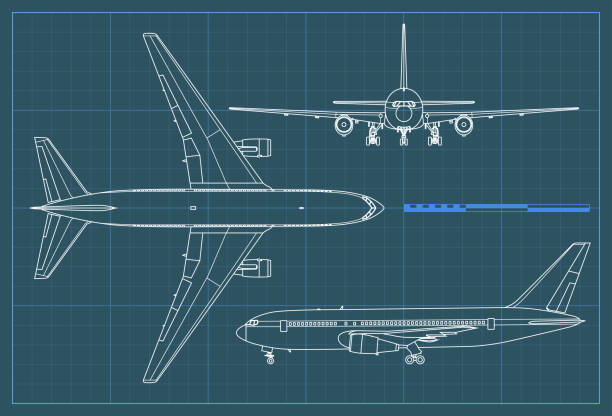 Industrial blueprint of airplane. Vector outline drawing plane on a blue background. Top, side and front view. Industrial blueprint of airplane. Vector outline drawing plane on a blue background. Top, side and front view airplane designs stock illustrations