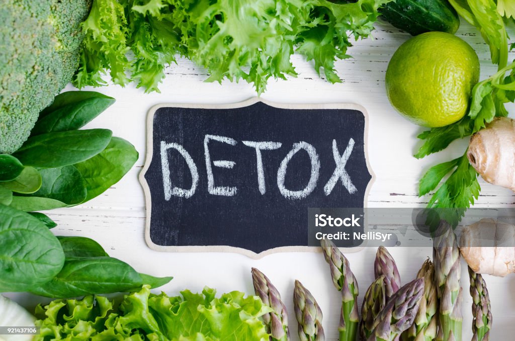 Detox concept with green vegetables Detox concept with green vegetables: spinach, lettuce, cucumber, ginger, asparagus, broccoli and lime. White wooden background. Clean eating Vegetarian food Healthy fitness lifestyle. Top view. Detox Stock Photo
