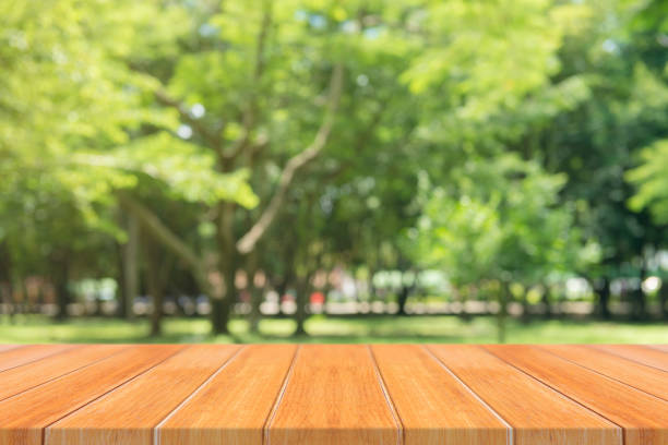 istock Wooden board empty table in front of blurred background. Perspective brown wood table over blur trees in forest background - can be used mock up for display or montage your products. spring season. 921437308