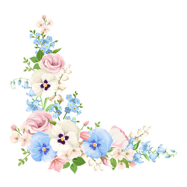 Pink, blue and white flowers. Vector corner background. Vector corner background with pink, blue and white spring flowers. pansy stock illustrations
