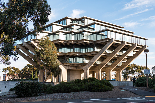La Jolla, California - February 17, 2018:  The Geisel Library at UCSD, was designed by William Pereira and opened in 1970. It is named in honor of Audrey and Theodor Geisel (Dr. Seuss).