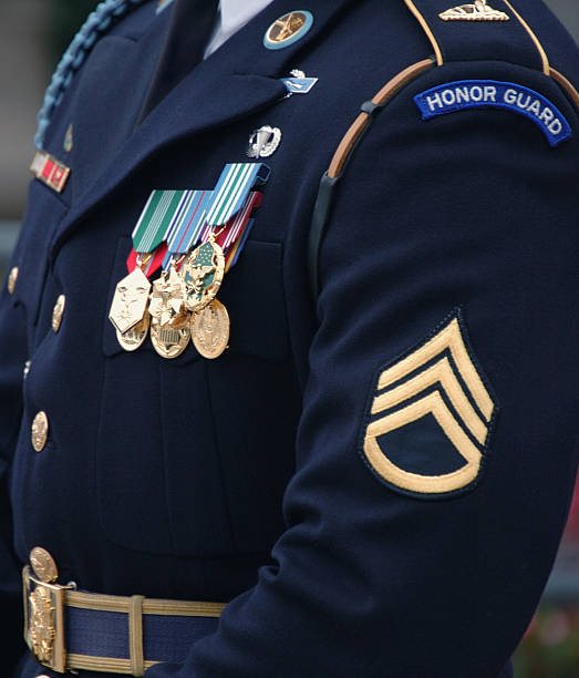 Decorated soldier in dress uniform stock photo