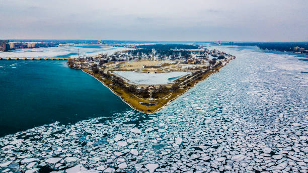 An aerial view of Belle Isle surrounded by ice flows, Detroit Michigan stock photo