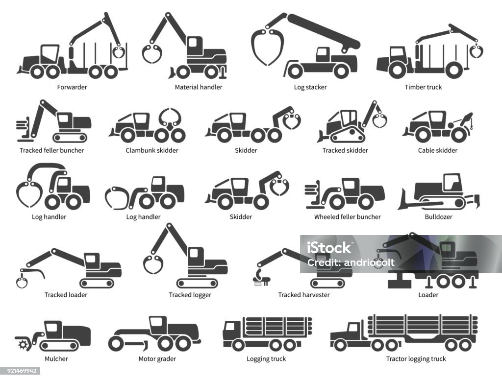 Forstwirtschaftliche Maschinen Vektor-Icons set - Lizenzfrei Forstwirtschaft Vektorgrafik