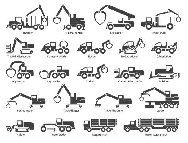 illustrazioni stock, clip art, cartoni animati e icone di tendenza di set di icone vettoriali dei macchinari forestali - forest industry