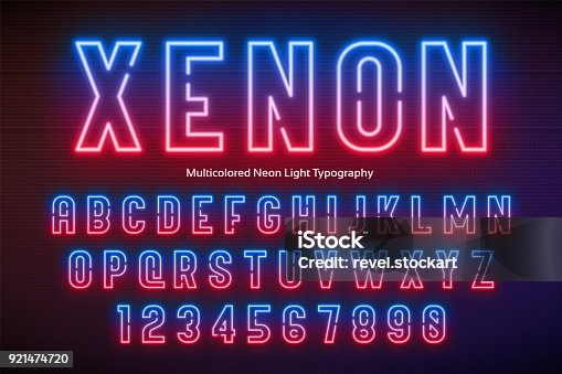 istock Neon light alphabet, multicolored extra glowing font 921474720