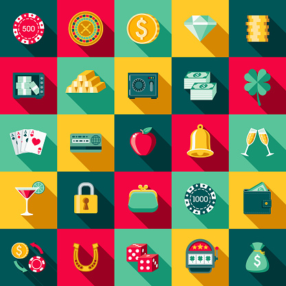 A set of flat design styled casino and gambling icons with a long side shadow. Color swatches are global so it’s easy to edit and change the colors.