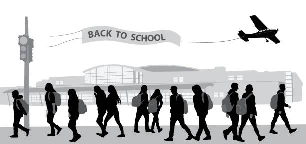 Back To School Blues Silhouette vector illustration of teenagers going back to middle school with back to school banner flying above their heads crowd of people clipart stock illustrations