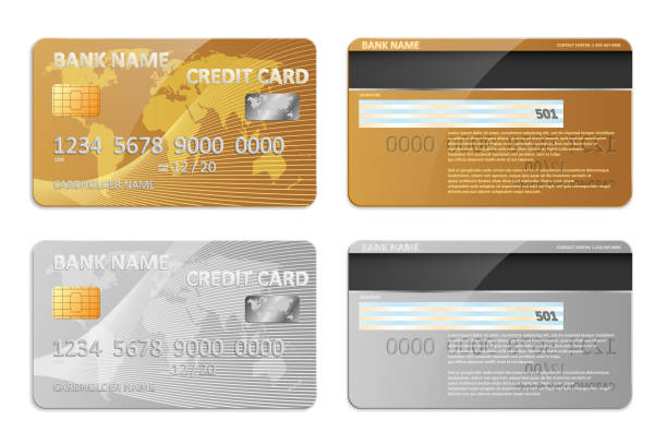 ilustrações de stock, clip art, desenhos animados e ícones de realistic gold and silver bank credit card template isolated. bank plastic credit card mockup with abstract design and world map for banking. vector illustration - cards rear view pattern design