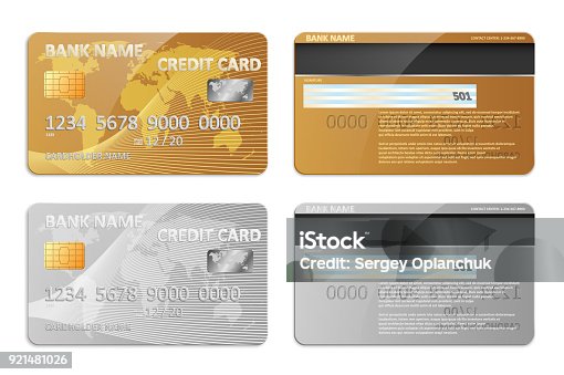 istock Realistic gold and silver bank credit card template isolated. Bank plastic credit card mockup with abstract design and world map for banking. Vector illustration 921481026