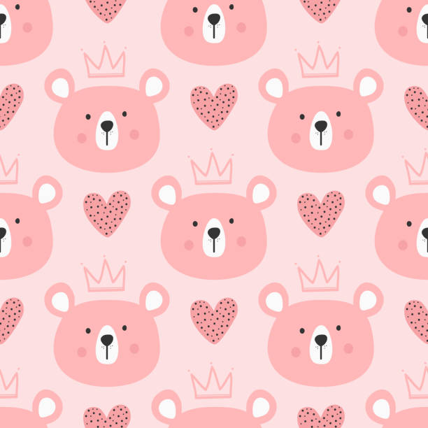 ilustraciones, imágenes clip art, dibujos animados e iconos de stock de patrón sin fisuras lindo para los niños. repetidos los jefes de osos con corazones y coronas. dibujado a mano. - femininity pattern female backgrounds