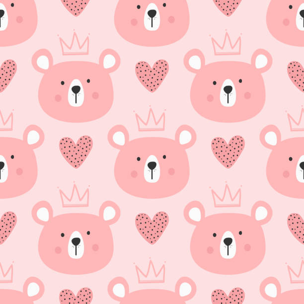 ilustrações de stock, clip art, desenhos animados e ícones de cute seamless pattern for children. repeated heads of bears with crowns and hearts. drawn by hand. - bebês meninas