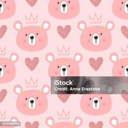 istock Cute seamless pattern for children. Repeated heads of bears with crowns and hearts. Drawn by hand. 921486390