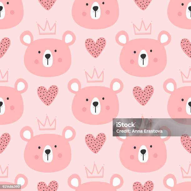 Cute Seamless Pattern For Children Repeated Heads Of Bears With Crowns And Hearts Drawn By Hand Stock Illustration - Download Image Now