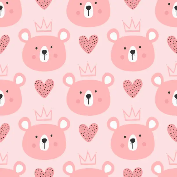 Vector illustration of Cute seamless pattern for children. Repeated heads of bears with crowns and hearts. Drawn by hand.