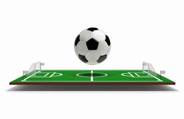 サッカーまたはフットボール競技場サッカー ボールと 3 d をベクトルします。緑のサッカー場。ゲーム ベクトル スタジアム - soccer field soccer corner stadium点のイラスト素材／クリップアート素材／マンガ素材／アイコン素材