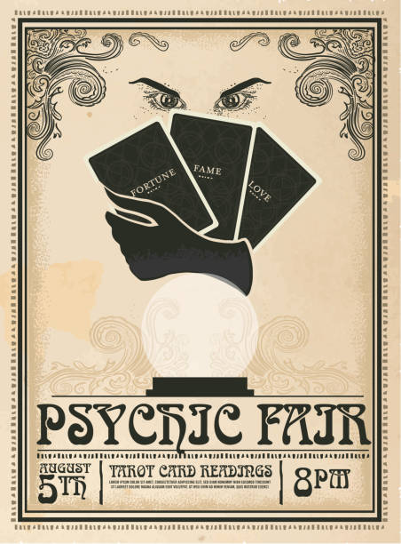 illustrazioni stock, clip art, cartoni animati e icone di tendenza di modello di design pubblicitario poster psychic fair vintage retrò - tarot cards