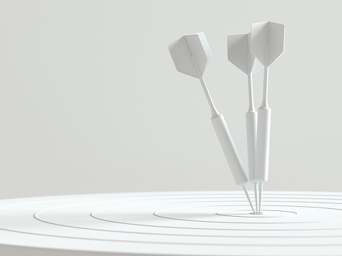 Darts hitting in the target center with copy space for your text, Minimal concept, 3d render.