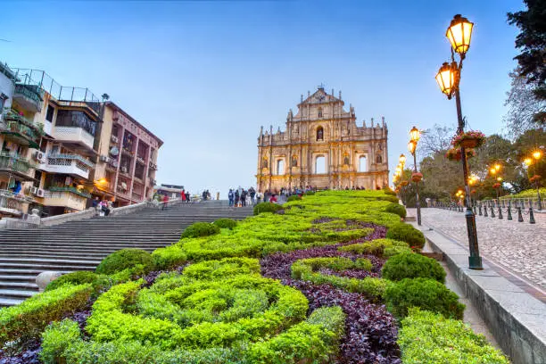 Photo of The Ruins of St. Paul's in Macao at night.