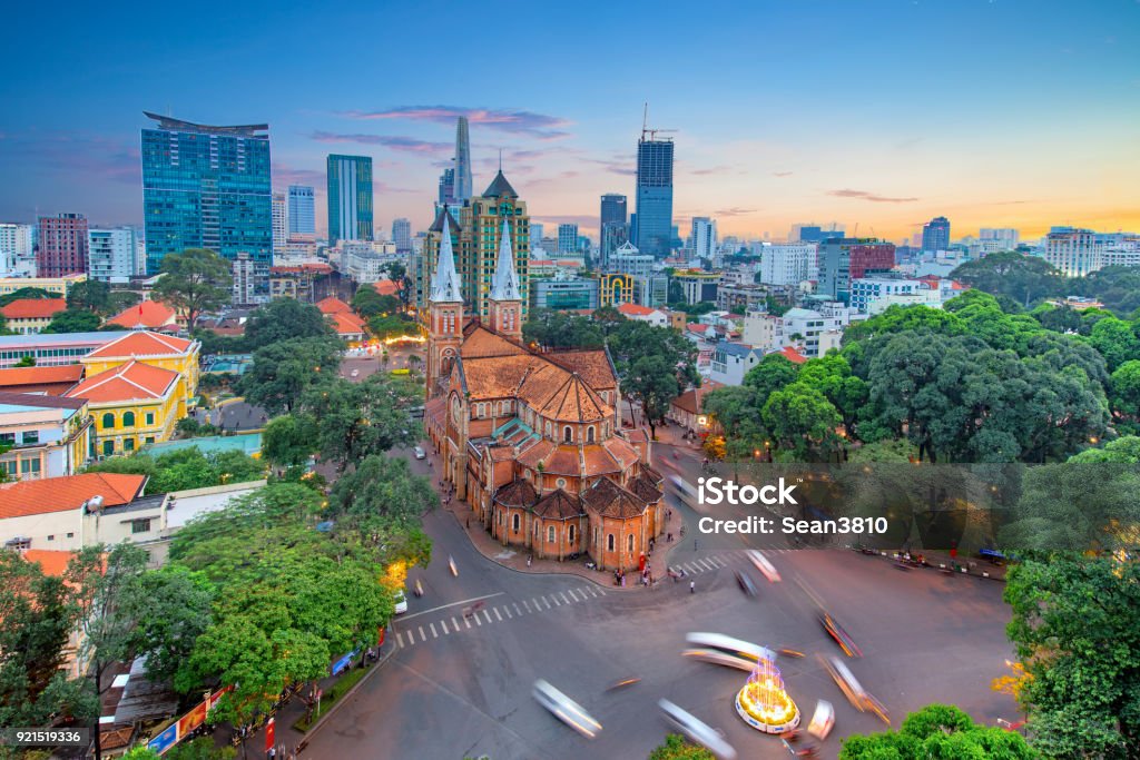 Aerial view of Notre-Dame Cathedral Basilica of Saigon Aerial view of Notre-Dame Cathedral Basilica Ho Chi Minh City Stock Photo