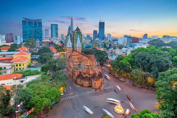 Aerial view of Notre-Dame Cathedral Basilica of Saigon Aerial view of Notre-Dame Cathedral Basilica ho chi minh city stock pictures, royalty-free photos & images