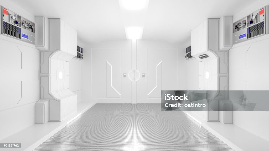 science lap, sci-fi corridor science lap, sci-fi corridor white color , 3D render. Spaceship Stock Photo