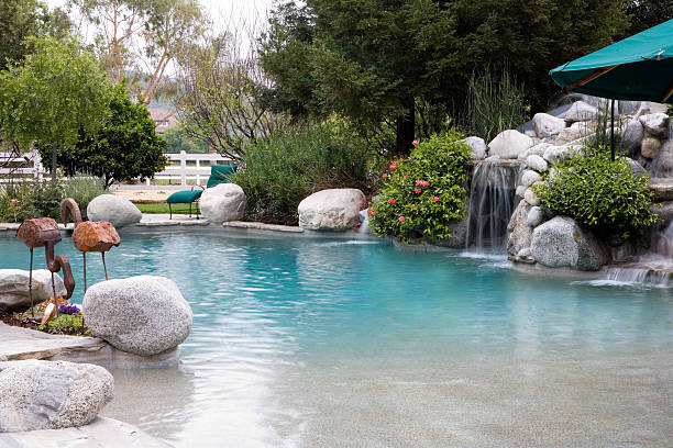 istock Zen poolside with smooth rock waterfall and flamingo statues 92152221