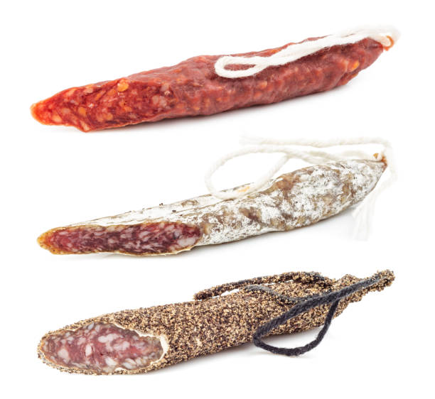 sausages isolated on white - salami chorizo sausage sopressata imagens e fotografias de stock