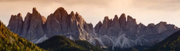 The spectacular mountains group of Odle in the Natural Park of Odle-Puez. Dolomites, Alto-Adige, Italy.