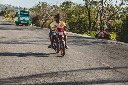 SAN ANDRES ISLAND, Colombia _ Circa March 2017. Motorcycle on the Highway. In San Andres There is a Road that do the Round Trip All Around the Island. All kind of Vehicles use this Route
