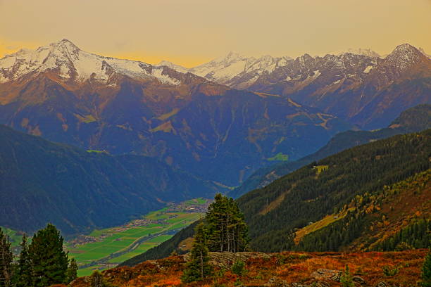 Idyllic landscape above Zillertal valley, dramatic Tyrol Snowcapped alps, Austria