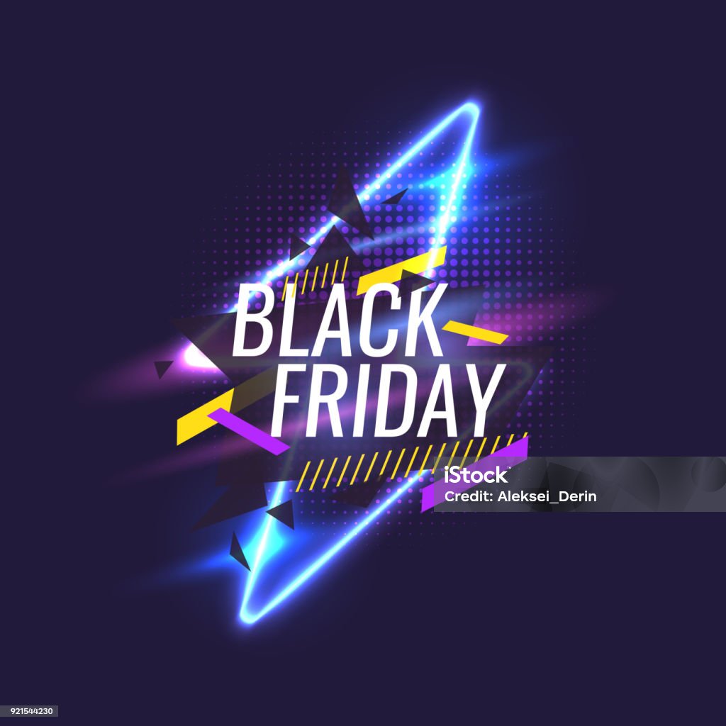 Black friday banner. Original poster for discount. Geometric shapes and neon glow against a dark background Black friday banner. Original poster for discount. Geometric shapes and neon glow against a dark background. Vector illustration. Black Friday - Shopping Event stock vector