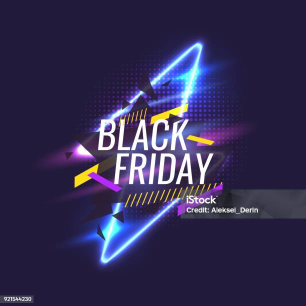 Black Friday Banner Original Poster For Discount Geometric Shapes And Neon Glow Against A Dark Background Stock Illustration - Download Image Now