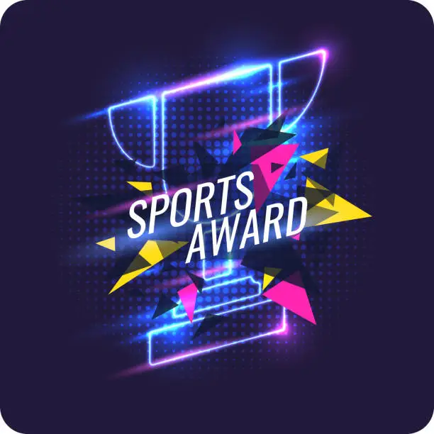 Vector illustration of Neon champions Cup. Sports trophy, a prize to the winner