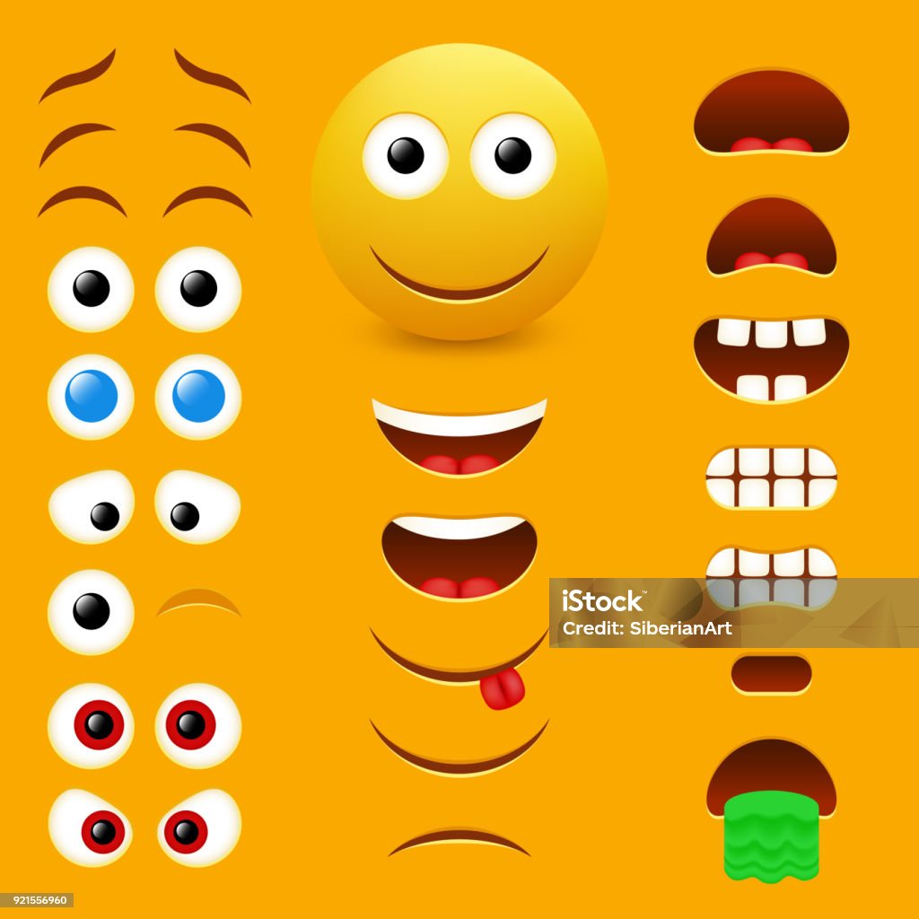Emoji creator vector design collection Emoji maker, smiley creator. Vector design collection of emoticon body parts allows you to create your own cool male emojis. Three Dimensional stock vector