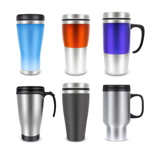 Vector illustration of Thermo cup travel mug mock-up set, vector realistic illustration