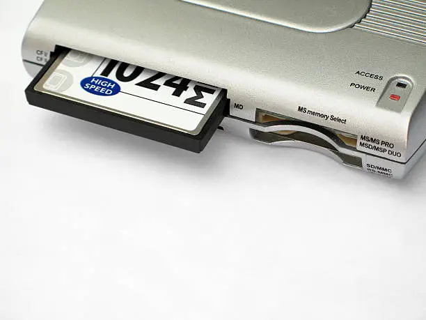 A multiple-type memory card reader with a Compact Flash card inserted