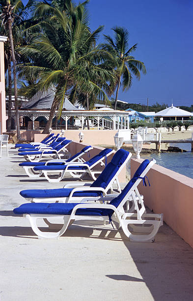 空のデッキチェア - tourist resort apartment swimming pool caribbean ストックフォトと画像