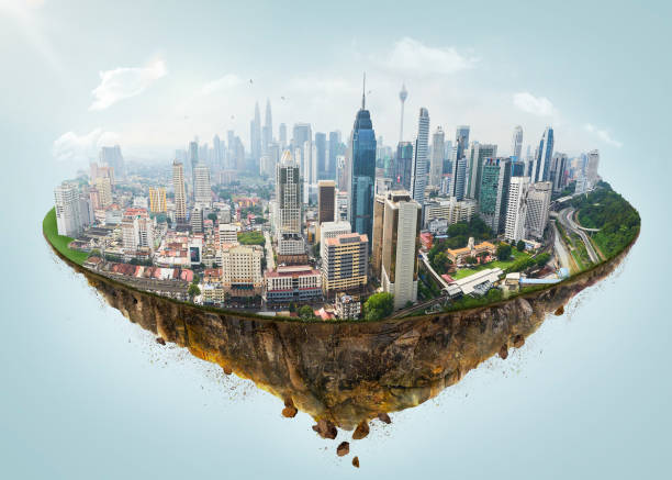 istock Fantasy island floating in the air with modern city skyline . 921560326