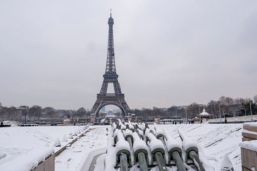 Eiffel Tower, Snowy day in Paris, France, Europe