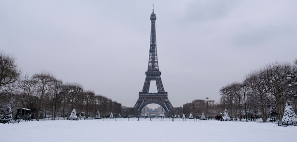 Eiffel Tower, Snowy day in Paris, France, Europe