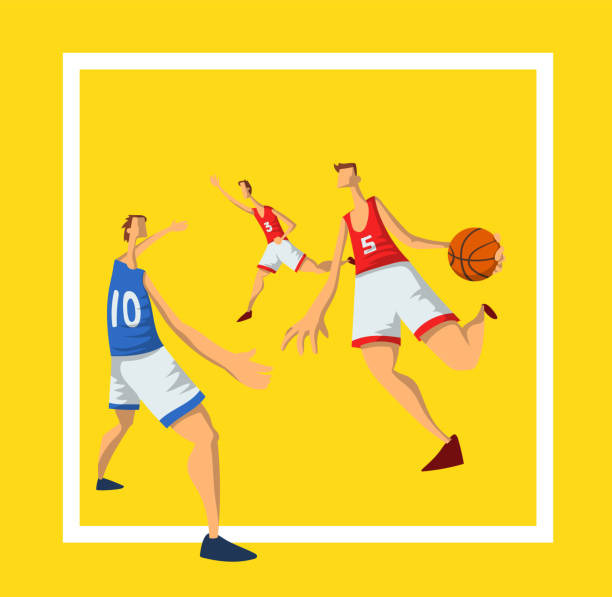 istock Basketball players in abstract flat style. Men playing with a basketball ball. Template for sport poster. Vector illustration, isolated on white background. 921565402
