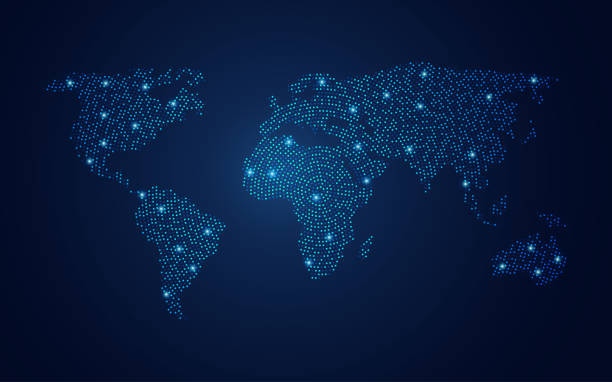 circle world vector of dotted world map in futuristic style, concept of communication world blue world stock illustrations