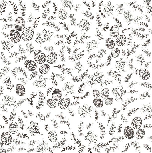 ilustrações de stock, clip art, desenhos animados e ícones de easter decorations with floral elements and eggs on white background - decoration eggs leaf easter