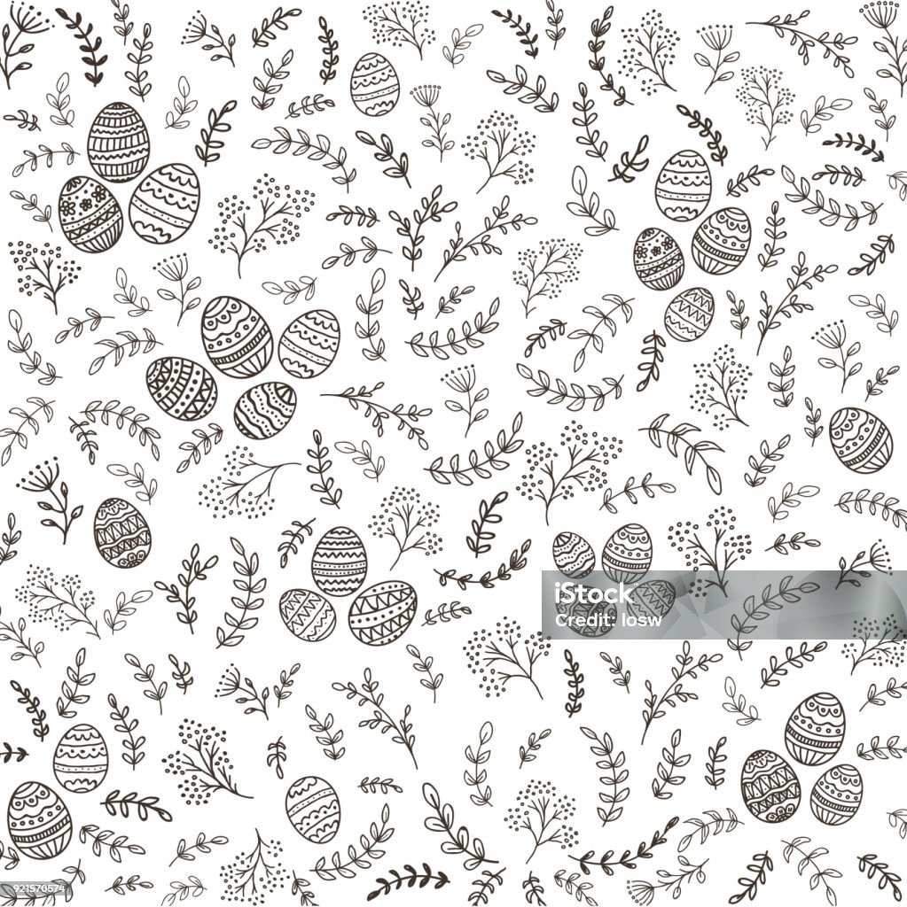 Easter decorations with floral elements and eggs on white background Black floral elements with decorative eggs on white background, illustration. Easter stock vector