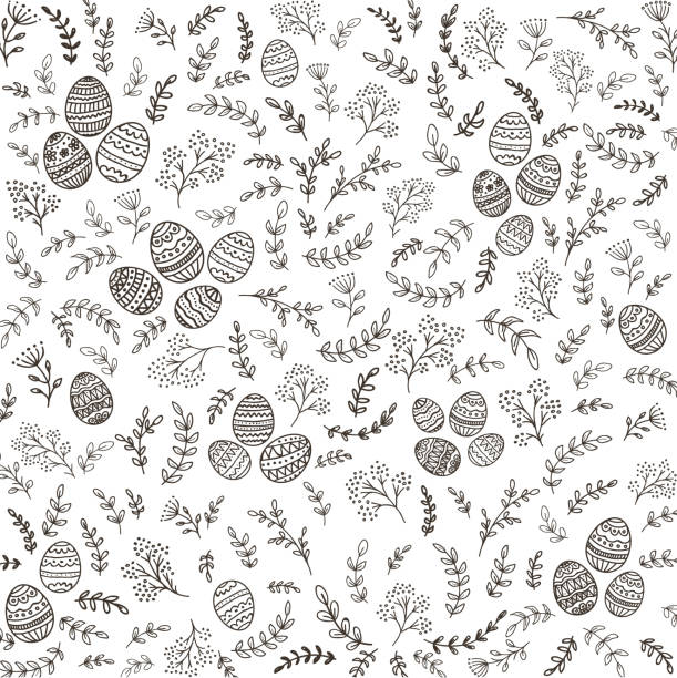 Easter decorations with floral elements and eggs on white background Black floral elements with decorative eggs on white background, illustration. easter patterns stock illustrations