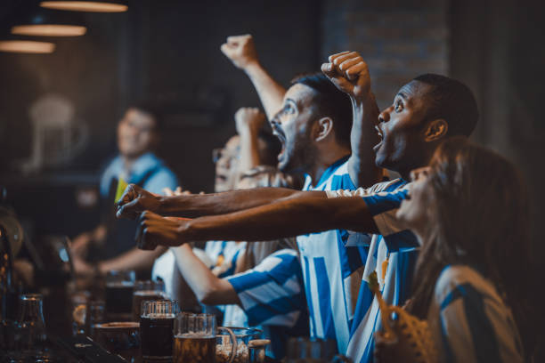 Yaaaaay, our team has won! Group of cheerful soccer fans celebrating the winning of their team while watching a game in a bar. international soccer event stock pictures, royalty-free photos & images