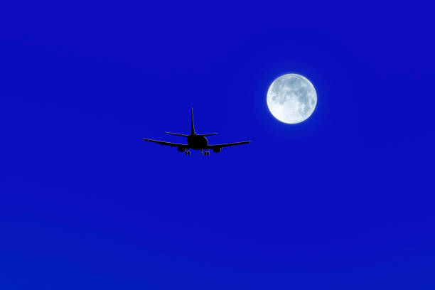 istock The plane is in the dark blue sky 921571792