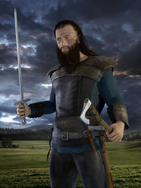 istock Viking warrior with axe and sword on meadow by sunset. 921574936